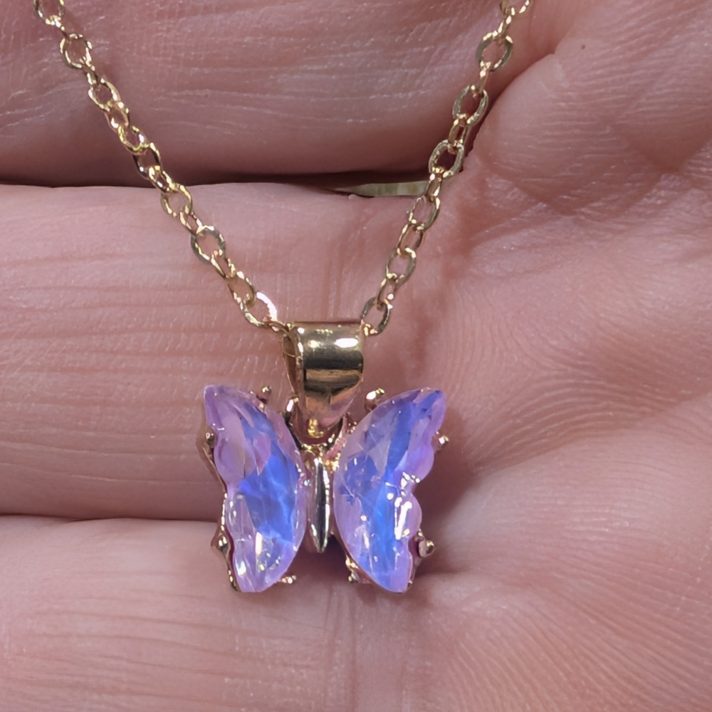 Y2K Style Dainty Gold-Tone Iridescent Pinkish-Purple Butterfly Pendant Necklace